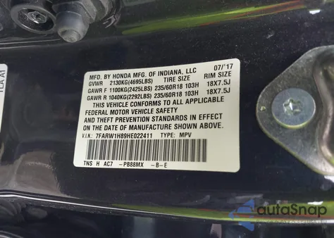 2017 Honda Cr-V Ex-L/Ex-L Navi from USA, damaged, VIN 7FARW1H89HE022411